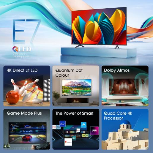 Smart TV Hisense 65E7NQ QLED 4K Ultra HD 65 Pollici - HDR, WiFi, Bluetooth, DVB-T2 - Nuova