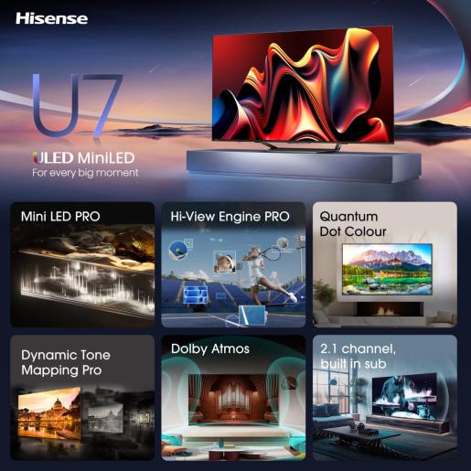 Смарт телевизор, Hisense 75" U7NQ, 4K Ultra HD , ULED, Dolby, Smart TV, WiFi 5G, LAN, CI+, Черен 3 Смарт телевизор, Hisense 75" U7NQ, 4K Ultra HD , ULED, Dolby, Smart TV, WiFi 5G, LAN, CI+, Черен - Image 3