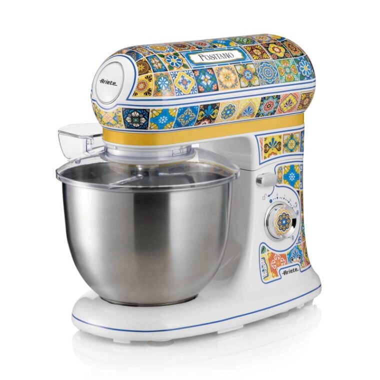 Планетарен миксер Ariete VINTAGE Positano, 2400W, Купа от неръждаема стомана 5.5л, 10 скорости + импулс, 3 приставки, Бял с жълто