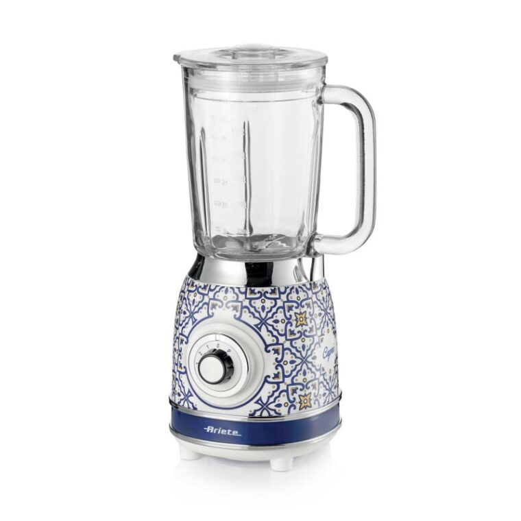 Блендер със стъклена кана Ariete Vintage Capri, 1000W, Стъклена кана 1.5л, 4 остриета, 4 скорости + Пулс, Функция трошене на лед, Бял със синьо и жълто