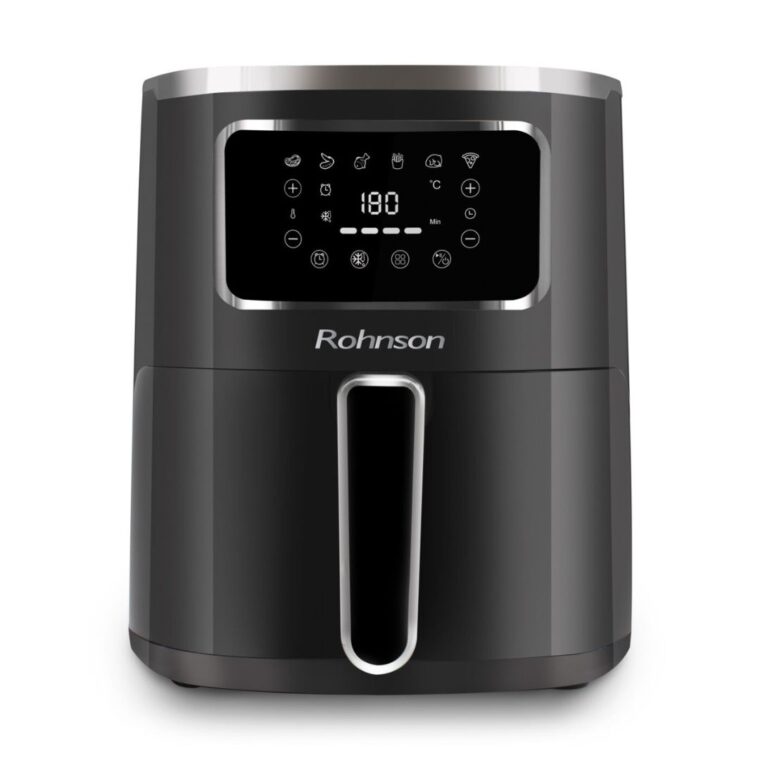 Фритюрник с горещ въздух Rohnson R-2802, 1450 W, 360° 3D система, Цифровият сензорен дисплей, Контейнер 5 л, Незалепващ, 8 програми, Черен