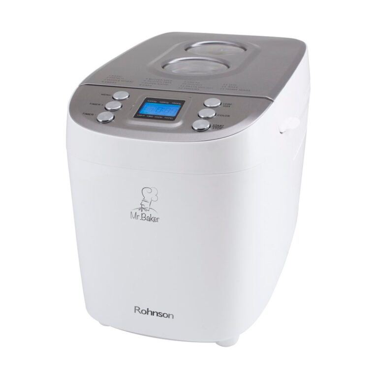 Хлебопекарна Rohnson R-2098, 850 W, Капацитет до 1500 г, 2 бъркалки, Незалепващ контейнер, 15 програми, 3 степени, Автоматично изключване, Таймер, Бял със сив