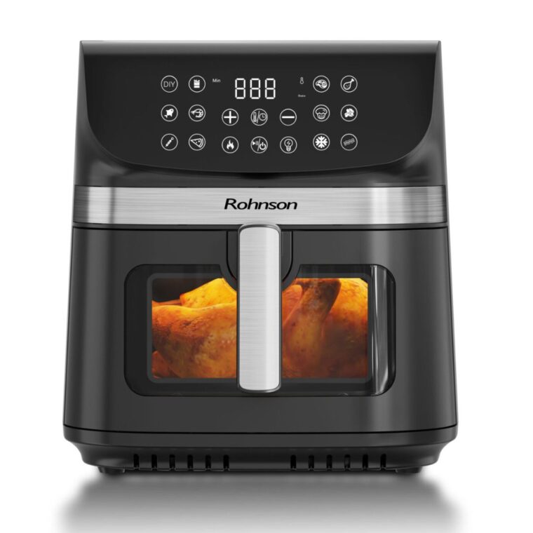Фритюрник с горещ въздух Rohnson R-2866, Мощност 1800W, Обем 9 л, Сензорен контрол панел, 12 програми, Таймер, Прозорец за наблюдение, Черен