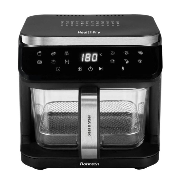Фритюрник с горещ въздух Rohnson R-2890, Мощност 1400W, Обем 5.5 л, Стъклен контейнер, 12 програми, Черен