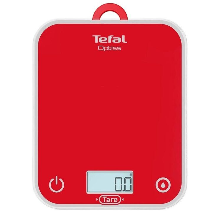 Кухненска везна Tefal BC50U3V0, Капацитет до 5 кг, Точност до 1 гр, Измерване на течности, Функция тара, Закалено стъкло, 2 батерии AAA, Червен