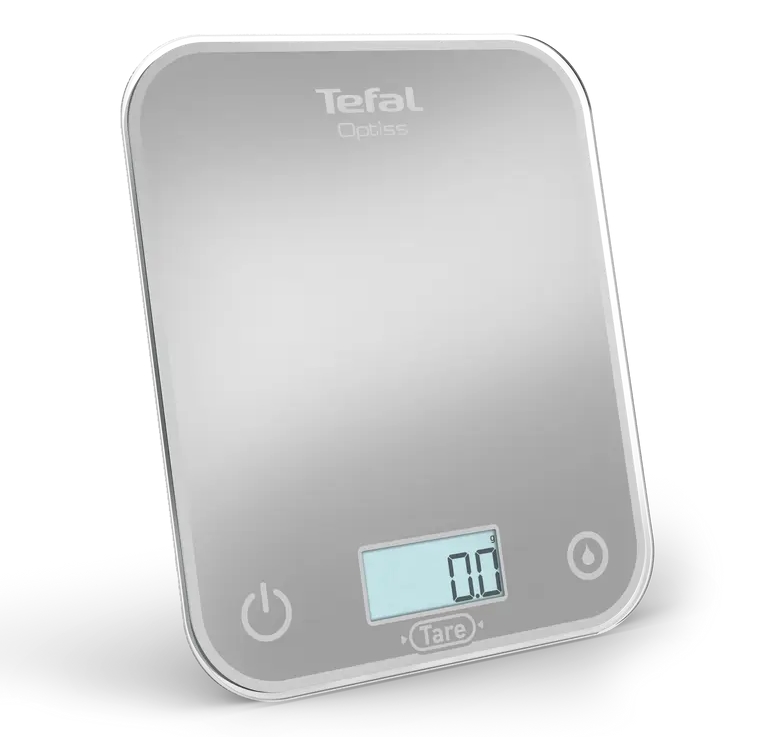 Кухненска везна Tefal BC50U4V0 Optiss, Капацитет до 5 кг, Цифров LCD дисплей, Темперирано стъкло, Автоматично изключване, 2 батерии AAA, Сребристосив