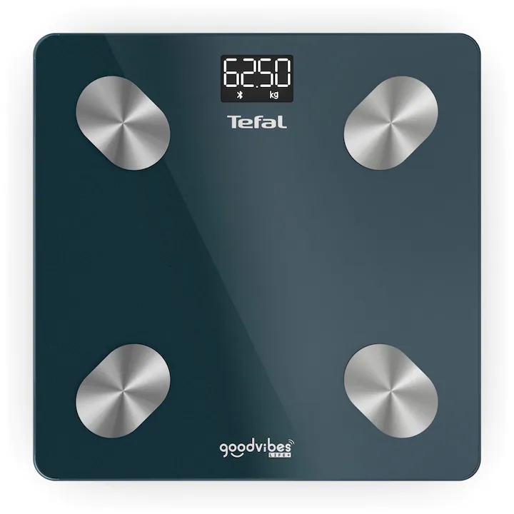 Диагностичен Смарт Кантар Tefal BM9620S1, Bluetooth Свързване и Приложение Goodvibes, 10 Телесни Показателя, Капацитет до 180 кг, Точност 100 г, Осветен LCD Дисплей, 3 × AAA Батерии, Син