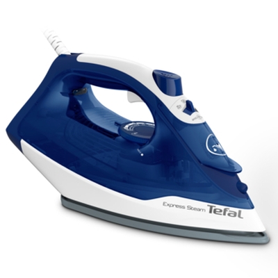 Парна ютия Tefal FV2838E0 Express Steam, Мощност 2400 W, Парна струя до 40 гр/мин, Парен удар 180 гр/мин, Керамична плоча, Вертикална пара, Син с бял 1 Парна ютия Tefal FV2838E0 Express Steam в цвят Dark blue&White