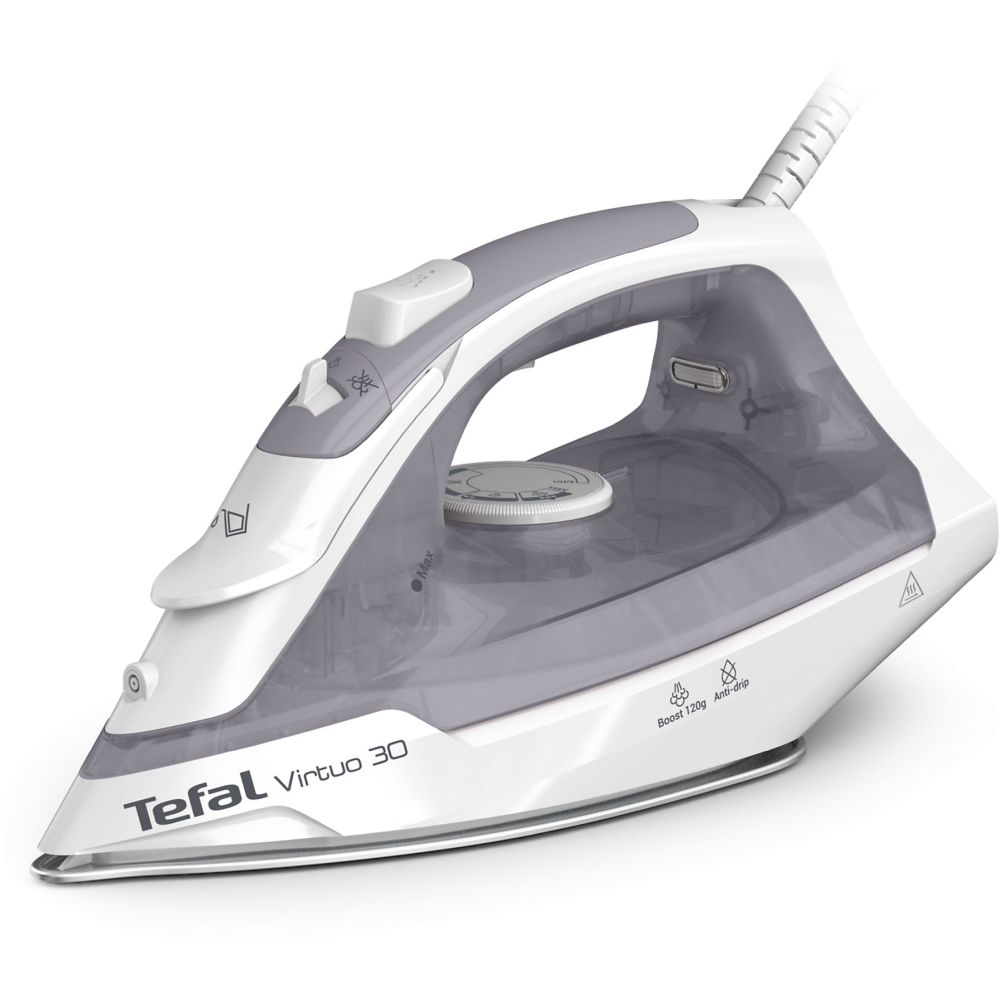 Парна ютия Tefal FV2C43E0, Мощност 2000 W, Постоянна пара 27 гр/мин, Парен удар 120 гр/мин, Керамична гладеща плоча, Вертикална пара, Сив с бял 1 Парна ютия Tefal FV2C43E0