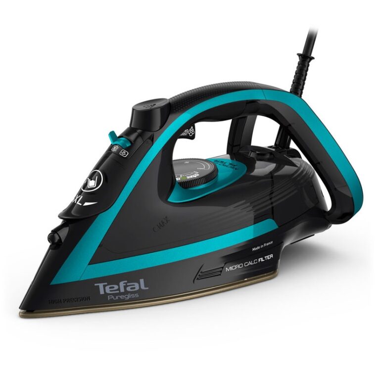 Парна ютия Tefal FV8066E0 Puregliss, Мощност 3000 W, Постоянна пара 50 гр/мин, Парен удар 280 гр/мин, Гладеща плоча Durilium AirGlide Autoclean, Вертикална пара, Черен със син