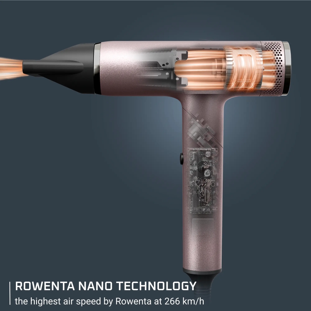 Сешоар Rowenta HY8530E0,1700 W Мощност, 3 Температурни и 3 Скоростни Настройки, Йонизираща Функция, Функция за Студен Въздух, Въздушна Струя до 266 Km/h, Концентратор 4 Mm, Концентратор 6 Mm, Розово Злато 5 Сешоар Rowenta HY8530E0 в розово злато