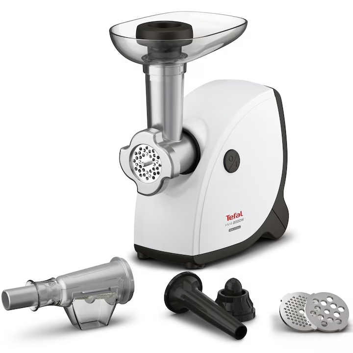 Месомелачка Tefal NE463138, Мощност 2000 W, Капацитет до 2,3 кг/мин, 3 решетки от неръждаема стомана, Функция за обратен ход, Приставки за наденици, Кебе, Зеленчуци и Доматен сок, Бял
