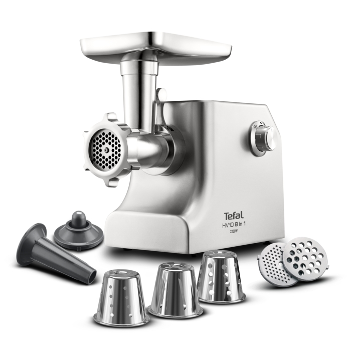 Месомелачка Tefal NE858D38, Мощност 2200 W, Производителност до 5,5 кг/мин, Приставка за Наденица, Приставка за Доматен Сок, Приставки за Зеленчуци, Инокс