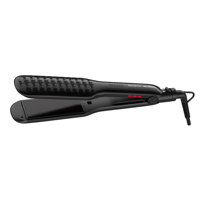 Преса за Коса Rowenta SF411LF0, Extra Liss X KARL LAGERFELD, 6 Настройки на Температурата, Плаващи Плочи с Keratin & Glow Покритие, Йонизираща Функция, Загряване за 30 секунди, Black
