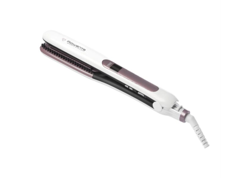 Преса за Коса Rowenta SF7510F0, Brush&Straight с Интегрирана Четка с Естествен Косъм, Покритие Cashmere Keratin с Арганово Масло, Йонизираща Функция, LCD Дисплей, 8 Температурни Настройки от 130 до 200 °C, Бяло/лилаво