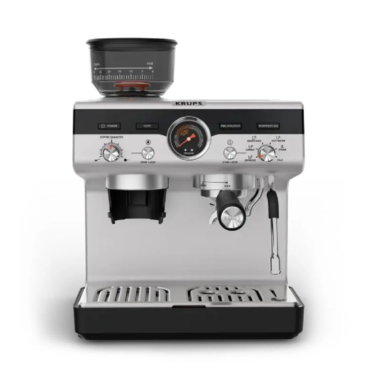Еспресо машина Krups Precision XP801T10, Вградена мелачка, Мощност 1000 W, Налягане 15 бара, 30 степени на смилане, 3 програми, 3 температури, Дюза за разпенване, Черен с инокс