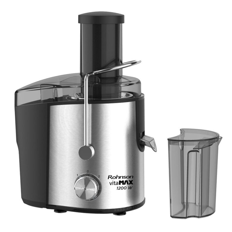 Сокоизтисквачка Rohnson VitaMax R-439, Мощност 1200 W, Голям 85 мм отвор, 2 скорости, Микро ситото от неръждаема стомана, 2 контейнера, Сребрист с черен
