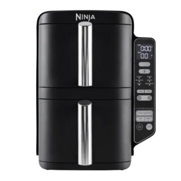 Фритюрник с горещ въздух Ninja Double Stack SL300EU, Мощност 2470W, Обем 7.6 л, 2 зони за готвене, 4 нива, 6 функции, Независимо управление на нивата, Синхронно готвене, Незалепващ, Черен