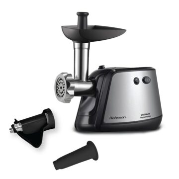 Месомелачка Rohnson R-5435, Мощност 2100W, Капацитет 2 кг/мин., 3 диска от неръждаема стомана, Прставки за домати и наденица, Функция обратно въртене, Сив с черен