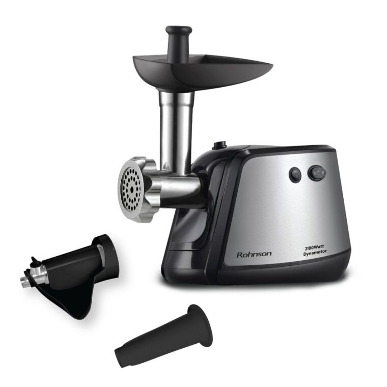 Месомелачка Rohnson R-5435, Мощност 2100W, Капацитет 2 кг/мин., 3 диска от неръждаема стомана, Прставки за домати и наденица, Функция обратно въртене, Сив с черен