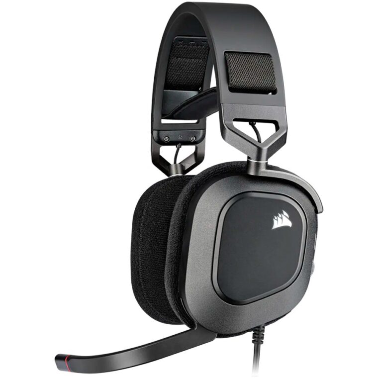 Гейминг слушалки CORSAIR HS80 RGB USB, Жично USB свързване, 50 мм динамични драйвери, Съраунд звук с Dolby Atmos, Всепосочен микрофон, RGB осветление, Carbon