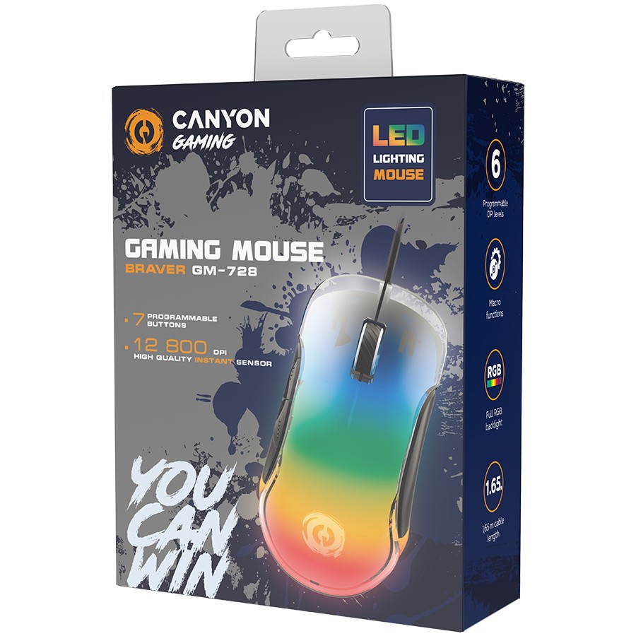 Жична Геймърска Мишка CANYON Braver GM-728, LED Crystal Дизайн, 7 Програмируеми Бутона, Оптичен Сензор Instant 825 до 12800 Dpi, Амбидекстърна Форма, USB Кабел, Ръководство за Бърз Старт и Гаранционна Карта 4 Жична геймърска мишка CANYON Braver GM-728 с RGB Crystal дизайн