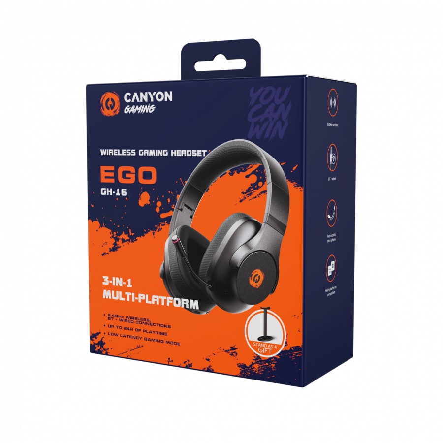 Гейминг Слушалки CANYON EGO GH-16, 3 режима на свързване, Ниска латентност, Bluetooth 5.3, 40 мм говорители, Стерео, Микрофон, Черен 7 Gaming headset CANYON EGO GH-16 в черен цвят