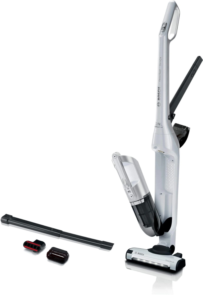 Вертикална прахосмукачка Bosch BBH3ALL28 Flexxo Gen2, Безжичен, Батерия 25.2V до 55 мин., 2 степени, Контейнер 0,4 л, Миещ се филтър, Вградени аксесоари, Бял