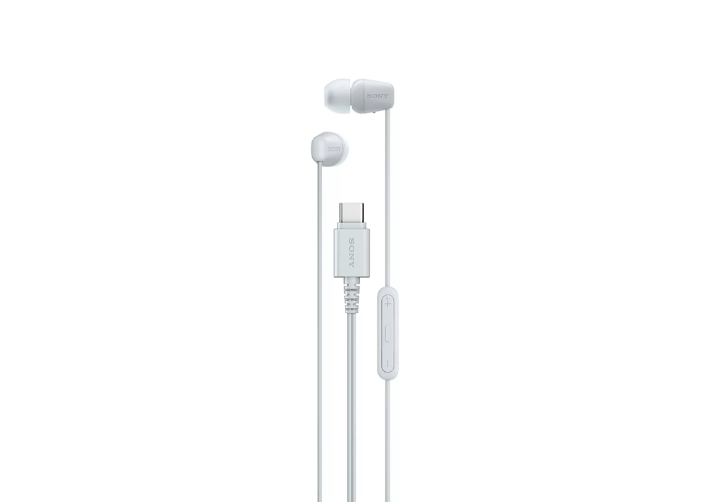 Жични тапи за уши SONY IER-EX15C, Вграден всепосочен микрофон, Дистанционно управление с контрол на звука и разговорите, USB Type-C конектор, Бял 1 Бели жични вътрешноушни слушалки SONY IER-EX15C с USB-C