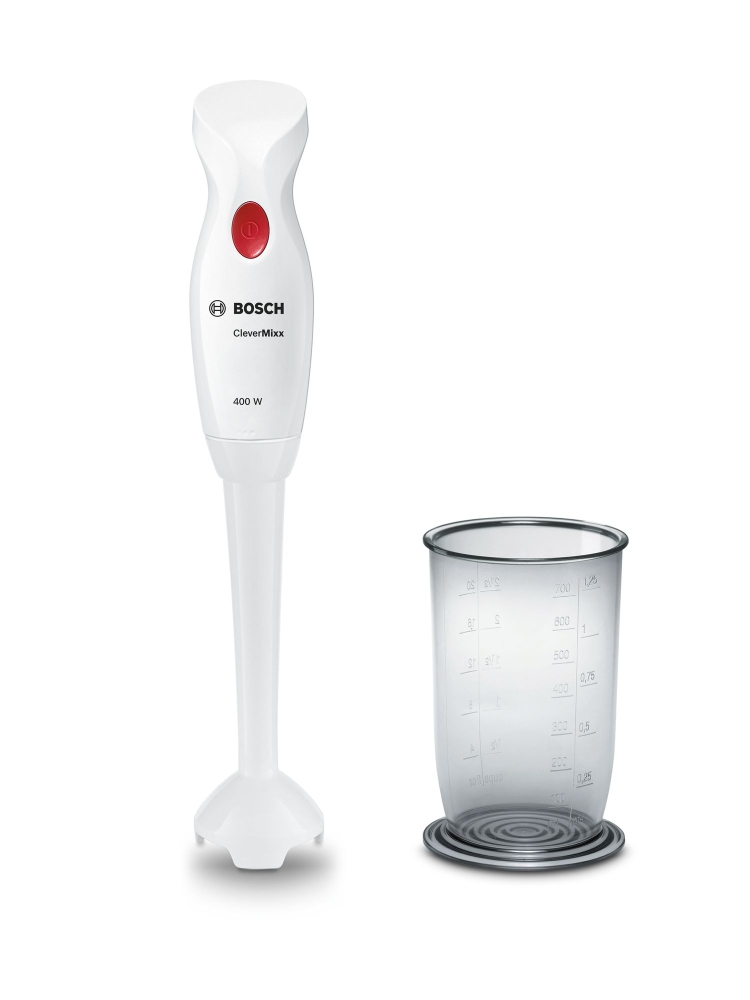 Пасатор Bosch MSM14100 CleverMixx, Мощност 400 W, 1 скорост, 4 остриета от неръждаема стомана, Антипръски защита, Мерителна чаша, Бял