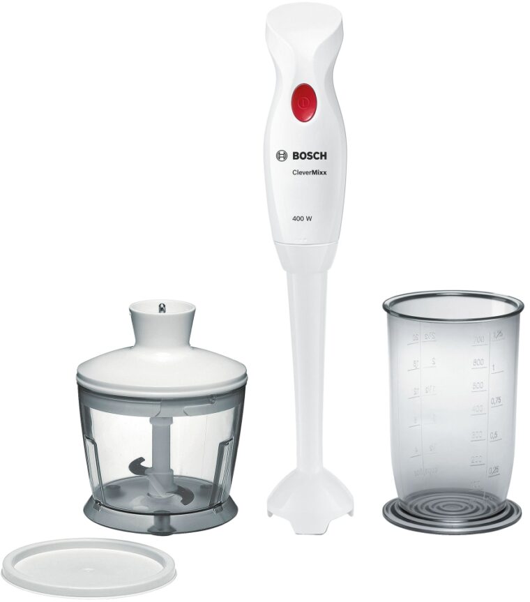 Пасатор Bosch MSM14200 CleverMixx, 2 в 1 ( пасатор, чопър), Мощност 400 W, 1 степен + Пулс, 4 остриета от неръждаема стомана, Чаша 0.700 л, Бял