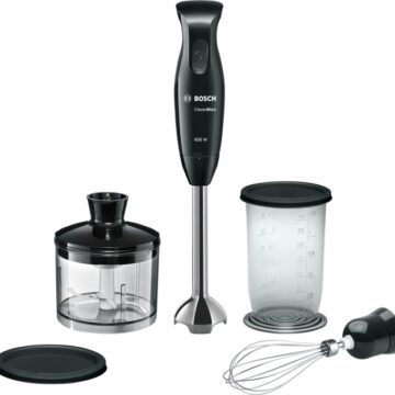 Пасатор Bosch MSM2650B CleverMixx, 3 в 1 ( пасатор, миксер, чопър), Мощност 600 W, 4 остриета от неръждаема стомана, Бъркалка от неръждаема стомана, Чаша за смесване/мерене с капак, Черен