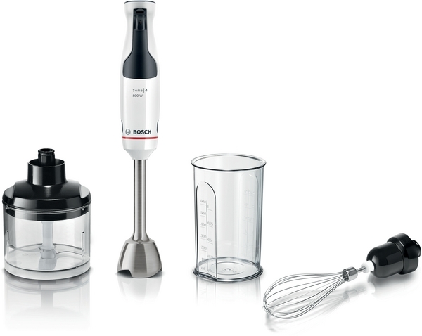 Пасатор 3 в 1 Bosch MSM4W421 ErgoMaster Series 4, Мощност 800 W, Динамично регулиране на скоростта, Метален накрайник, 4 острита от неръждаема стомана, Бял с черен