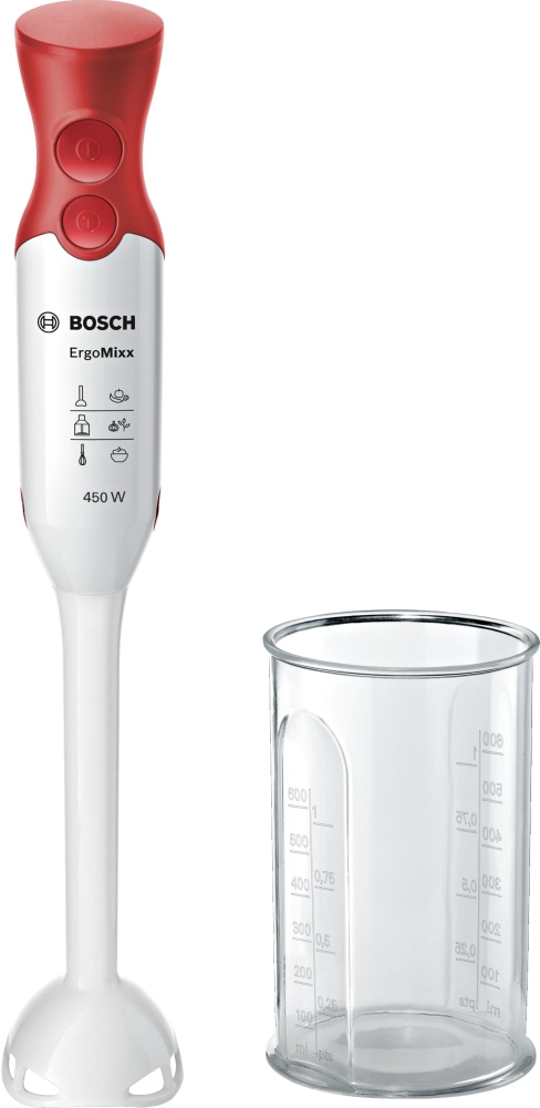 Пасатор Bosch MSM64010 ErgoMixx, Мощност 450 W, 1 скоросъ +Турбо, 4 остриета от неръждаема стомана, Контейнер 0,6 л, Бял с червен 1 Пасатор Bosch MSM64010 ErgoMixx, Мощност 450 W, 1 скоросъ +Турбо, 4 остриета от неръждаема стомана, Контейнер 0,6 л, Бял с червен