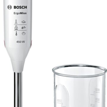 Пасатор Bosch MSM64110, Мощност 450 W, 1 степен + Турбо, Метален накрайник, 4 остриета от неръждаема стомана, Контейнер 0,8 л, Бял с червен