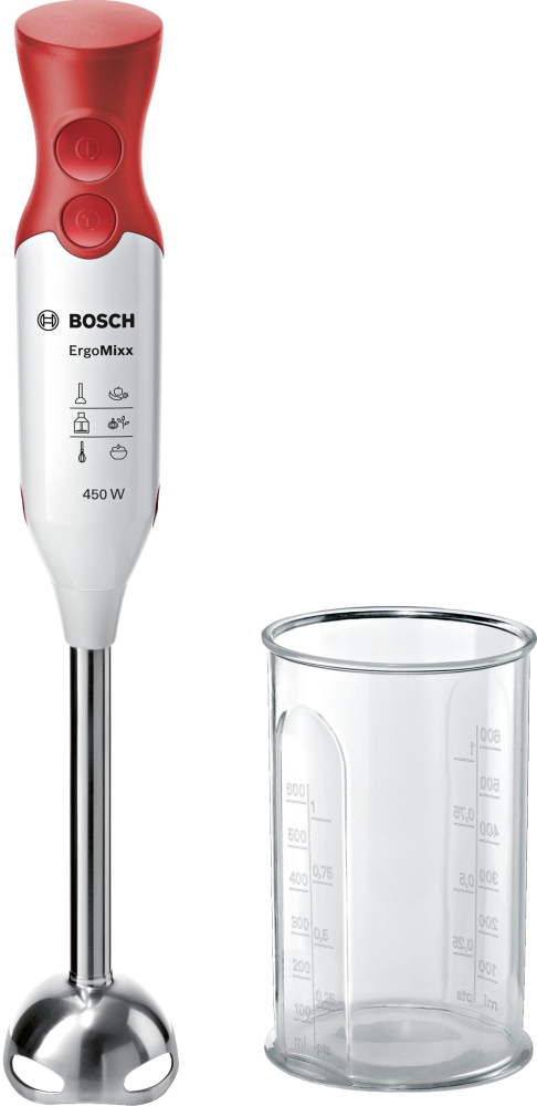 Пасатор Bosch MSM64110, Мощност 450 W, 1 степен + Турбо, Метален накрайник, 4 остриета от неръждаема стомана, Контейнер 0,8 л, Бял с червен