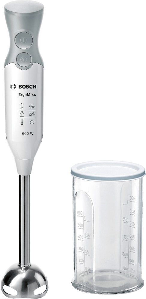 Пасатор Bosch MSM66110 ErgoMixx, Мощност 600 W, 1 степен + Турбо, Метален накрайник, 4 остриета от неръждаема стомана, Бял със сив