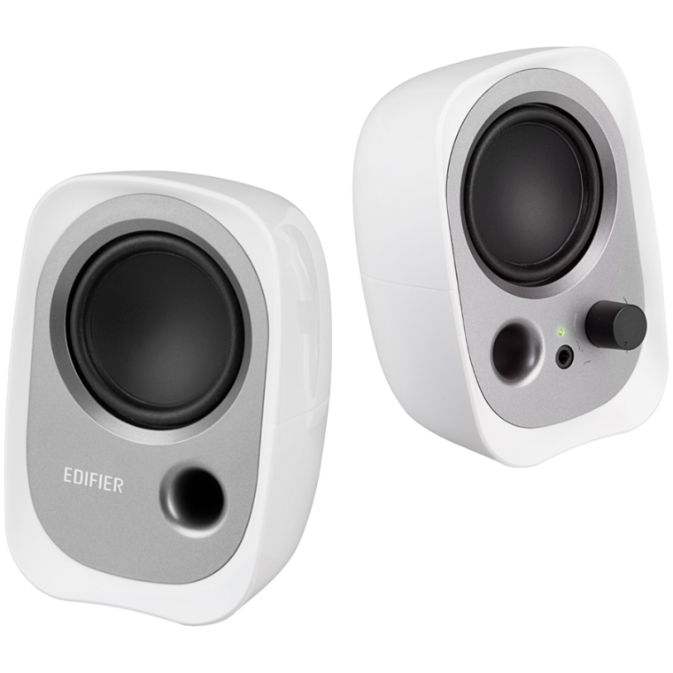 Компютърни Колонки 2.0 Edifier R12U, Стерео Звук с Обща Мощност 4 W, USB Захранване и AUX Вход, Потенциометър за Сила на Звука, Компактен Корпус с Размери 80 × 80 × 120 мм на Колонка, Бял