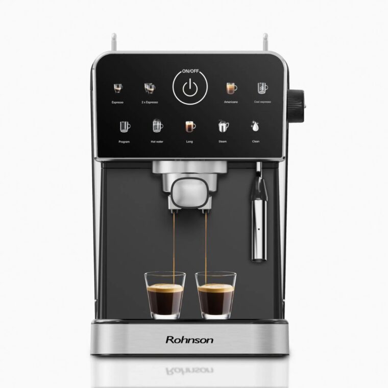 Кафемашина Rohnson R-98033B, Мощност 1350 W, Налягане 20 бара, Двоен температурен контрол, Дюза за капучино, Черен