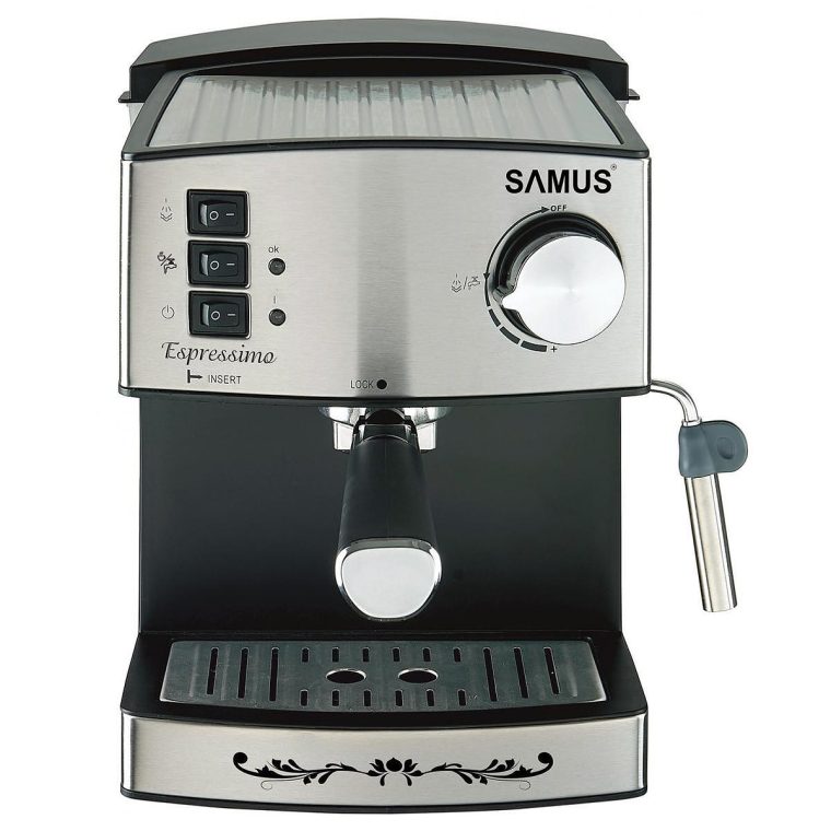 Еспресо Кафемашина SAMUS ESPRESSIMO, Налягане 15 Bar, Мощност 850 W, Парна Дюза за Капучино, Резервоар за Вода 1600 мл, Подвижен Филтър от Неръждаема Стомана, Мерителна Лъжица и Уплътняване