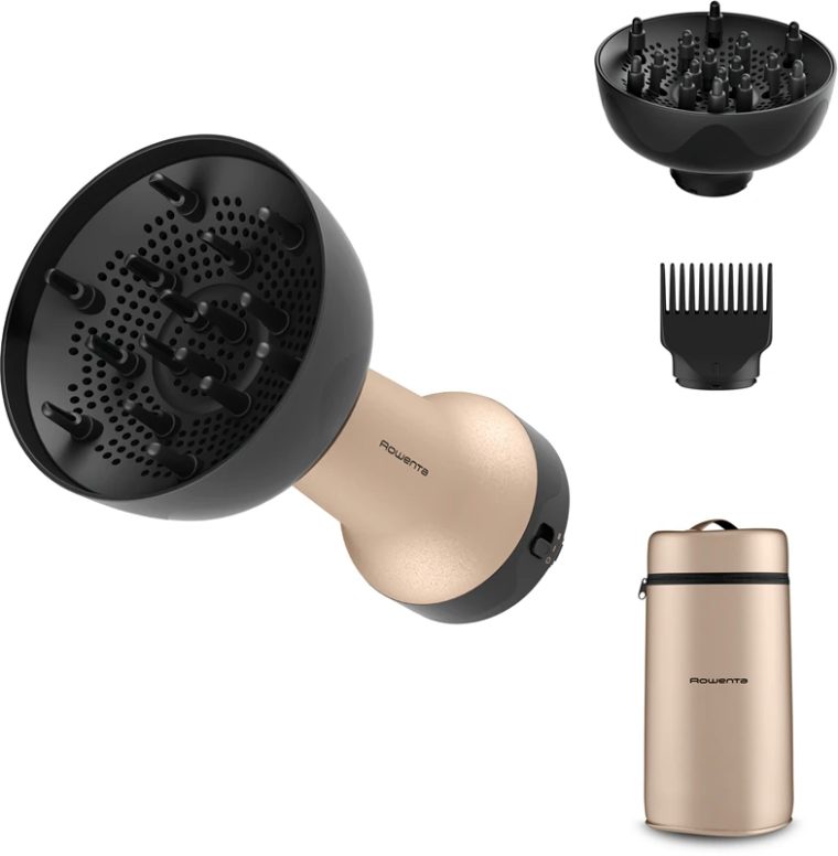 Сешоар Rowenta Curl Harmony CV7D30E0, 3 в 1, Мощност 700W, 2 скорости, 3 приставки, Йонизация, Златист с черен