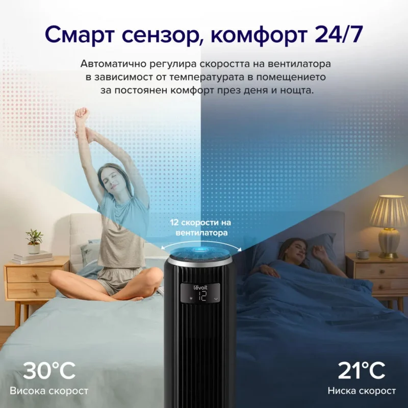Стоящ вентилатор без перки за дома LEVOIT TempSense Smart, 42'', безчетков DC мотор, 12 скорости, 4 режима, 24H таймер с APP, Разопакован 4 Стоящ вентилатор без перки за дома LEVOIT TempSense Smart, 42'', безчетков DC мотор, 12 скорости, 4 режима, 24H таймер с APP, Разопакован - Image 4