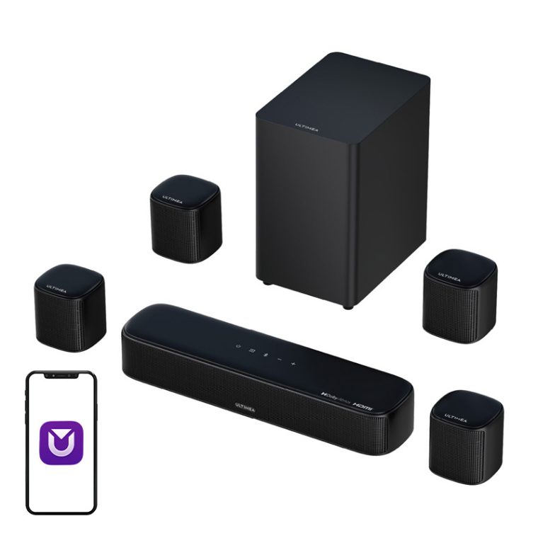 Саундбар Система Ultimea Aura A60,7.1-Канална Конфигурация, Поддръжка на Dolby Atmos, Пикова Мощност 350 W, Субуфер и Четири Съраунд Високоговорителя