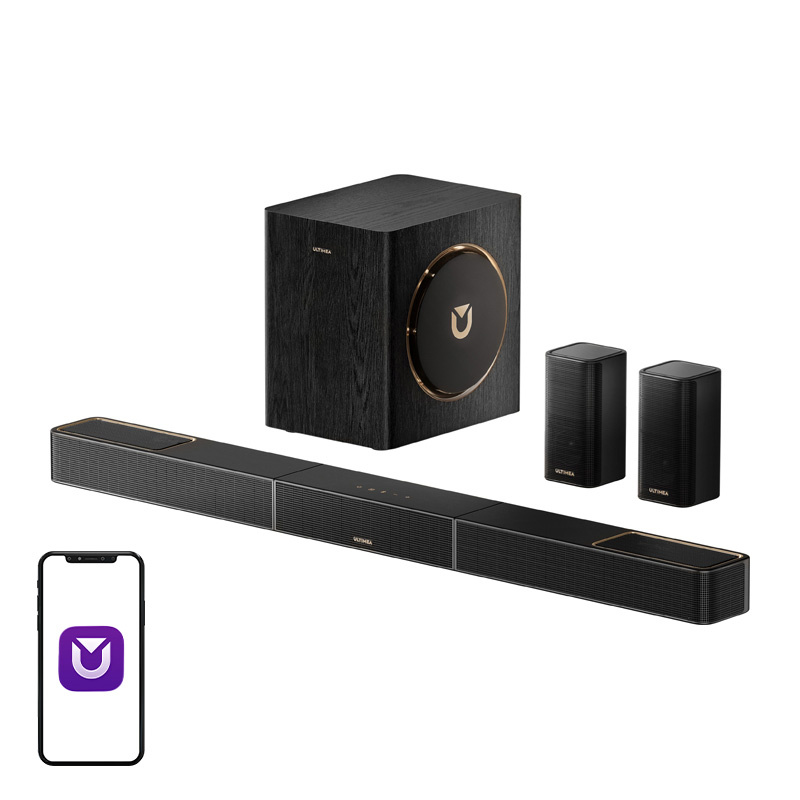 Саундбар Система Ultimea Skywave X40,5.1.2-Канален Звук, Dolby Atmos, 530 W Пикова Мощност, 2 Безжични Задни Съраунд Високоговорителя, 6,5-Инчов Субуфер 1 5.1.2 Dolby Atmos саундбар система Ultimea Skywave X40