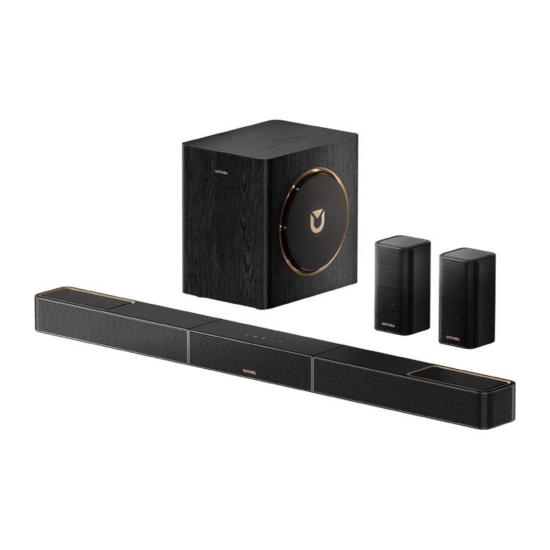 Саундбар Система Ultimea Skywave X40,5.1.2-Канален Звук, Dolby Atmos, 530 W Пикова Мощност, 2 Безжични Задни Съраунд Високоговорителя, 6,5-Инчов Субуфер 2 5.1.2 Dolby Atmos саундбар система Ultimea Skywave X40