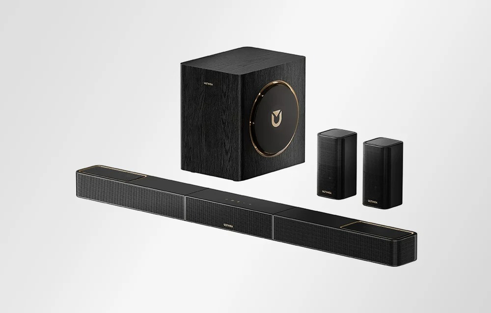 Саундбар Система Ultimea Skywave X40,5.1.2-Канален Звук, Dolby Atmos, 530 W Пикова Мощност, 2 Безжични Задни Съраунд Високоговорителя, 6,5-Инчов Субуфер 3 Саундбар, субуфер и две съраунд колони Ultimea Skywave X40