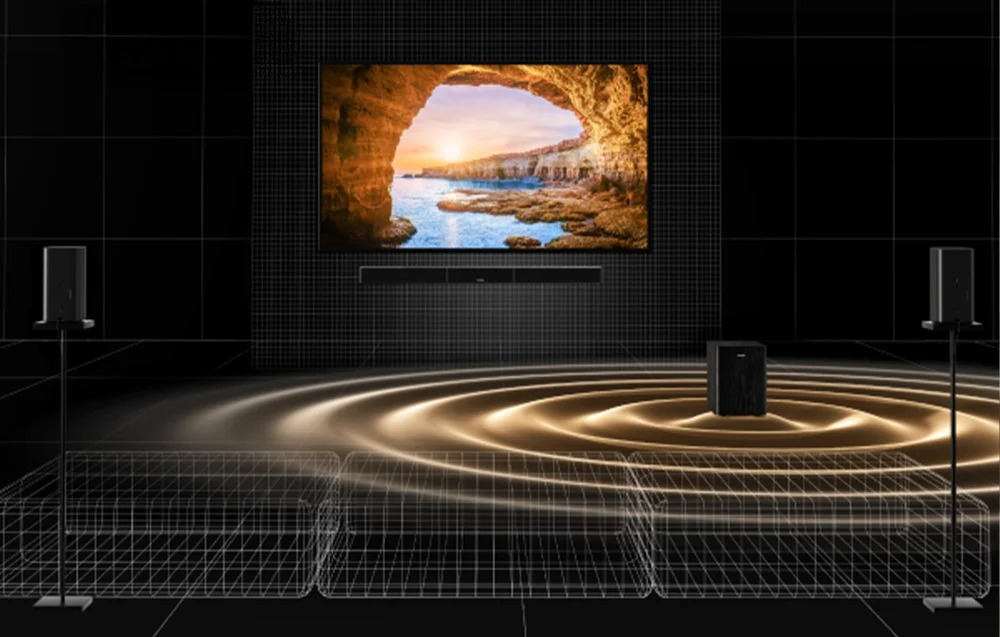 Саундбар Система Ultimea Skywave X40,5.1.2-Канален Звук, Dolby Atmos, 530 W Пикова Мощност, 2 Безжични Задни Съраунд Високоговорителя, 6,5-Инчов Субуфер 4 Домашно кино с Ultimea Skywave X40 и Dolby Atmos