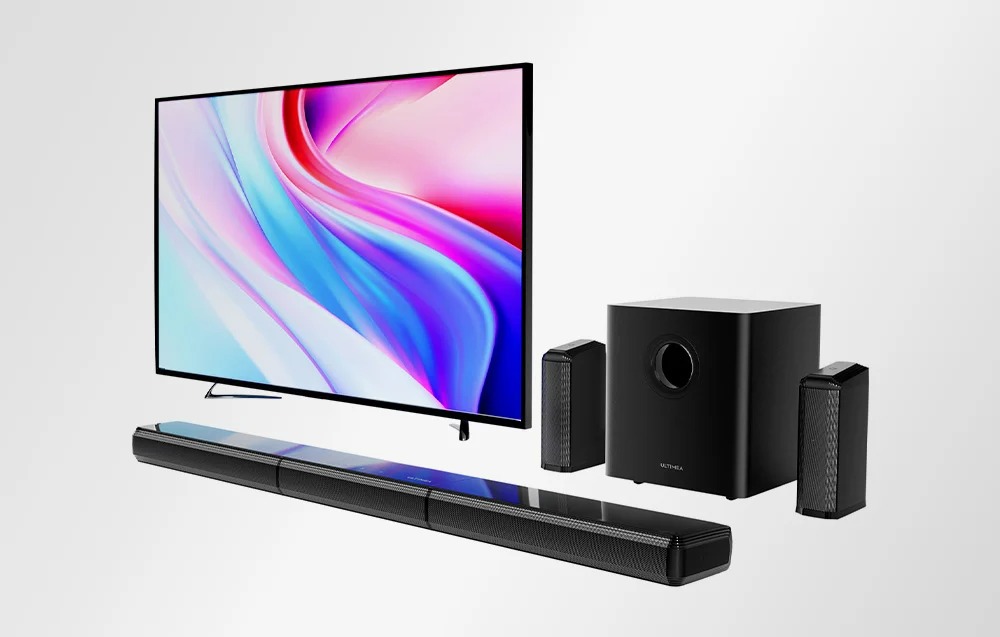 Саундбар Система Ultimea Apollo S70 Ultra, 7.1 Канала, 8 Говорителя, Жичен Субуфер и Два Съраунд Говорителя, HDMI eARC и Bluetooth 5.3, Максимално Звуково Налягане над 102 dB 5 Домашно кино със саундбар, субуфер, две колони и телевизор