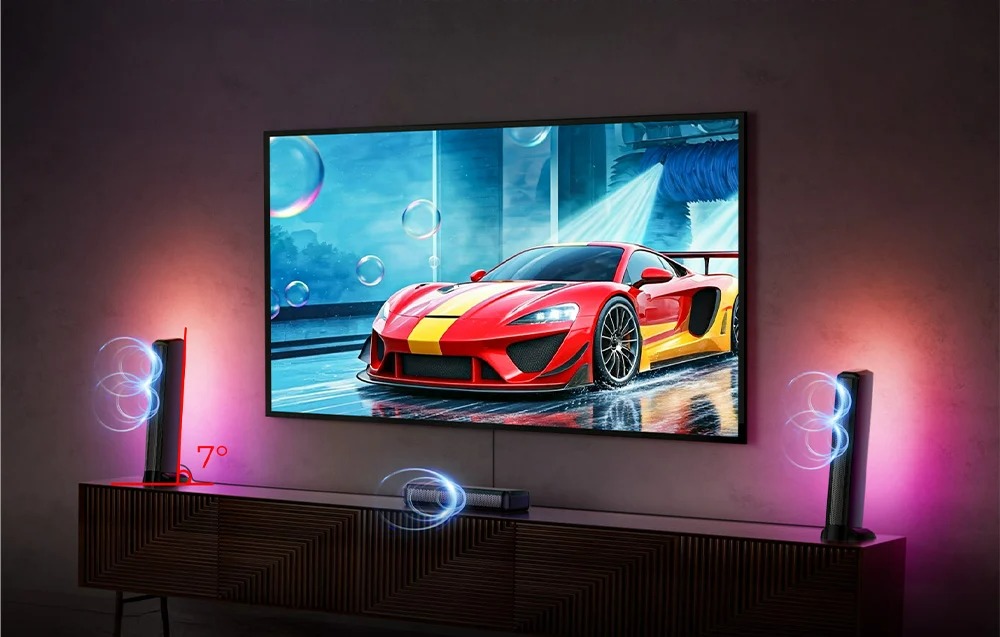 Саундбар Система Ultimea Apollo S70 Ultra, 7.1 Канала, 8 Говорителя, Жичен Субуфер и Два Съраунд Говорителя, HDMI eARC и Bluetooth 5.3, Максимално Звуково Налягане над 102 dB 8 Саундбар Ultimea Apollo S70 Ultra под телевизор