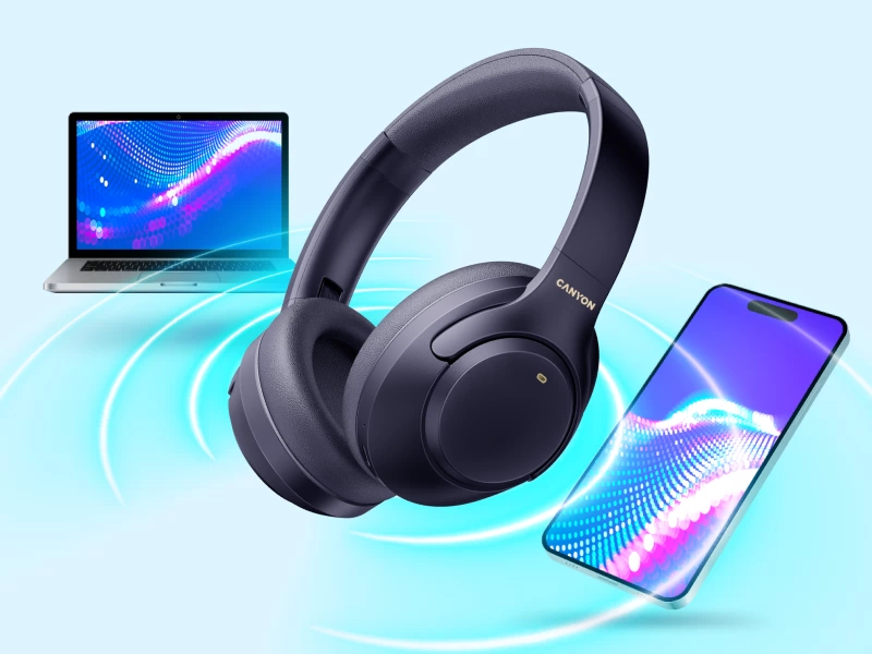 Слушалки тип Over-ear CANYON OnRiff 6 ANC, Bluetooth 5.3, Активно шумопотискане (ANC), Възпроизвеждане до 25 ч, Жична и безжична връзка, Bluetooth Multipoint за 2 устройства, Сгъваеми, Сив 12 Over-ear слушалки CANYON OnRiff 6 ANC